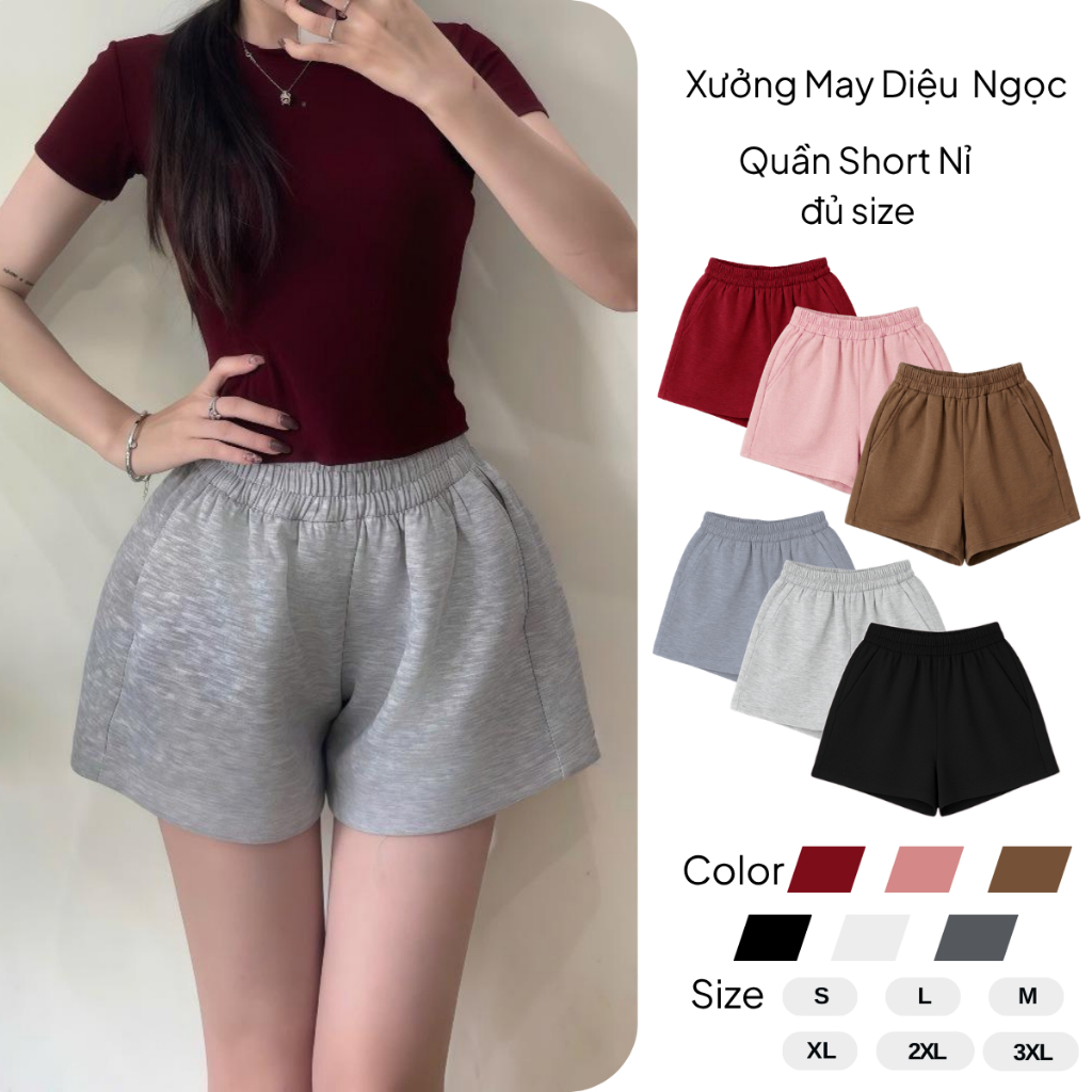 Quần Short Nỉ 2 Da Nữ Bigsize Cạp Chun Co Giãn, Quần Sooc Đùi Ống Rộng Cạp Cao Basic Dễ Phối-QSN001 | BigBuy360 - bigbuy360.vn