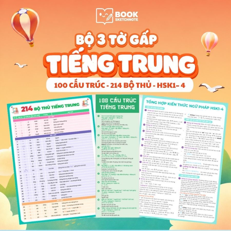Bộ 3 Tờ Gấp Tiếng Trung HSK1-HSK4 | 214 Bộ Thủ Chữ Hán + 100 Cấu Trúc Tiếng Trung + Tổng Hợp Ngữ Phá