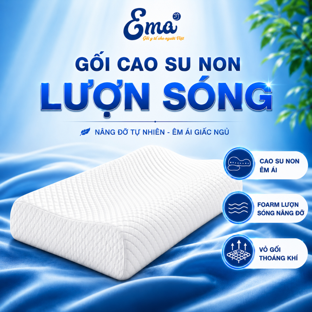 Gối cao su non người lớn Ema - Thiết kế lượn sóng nâng đỡ cổ vai gáy, Vỏ sợi tre kháng khuẩn, Chống mùi hôi