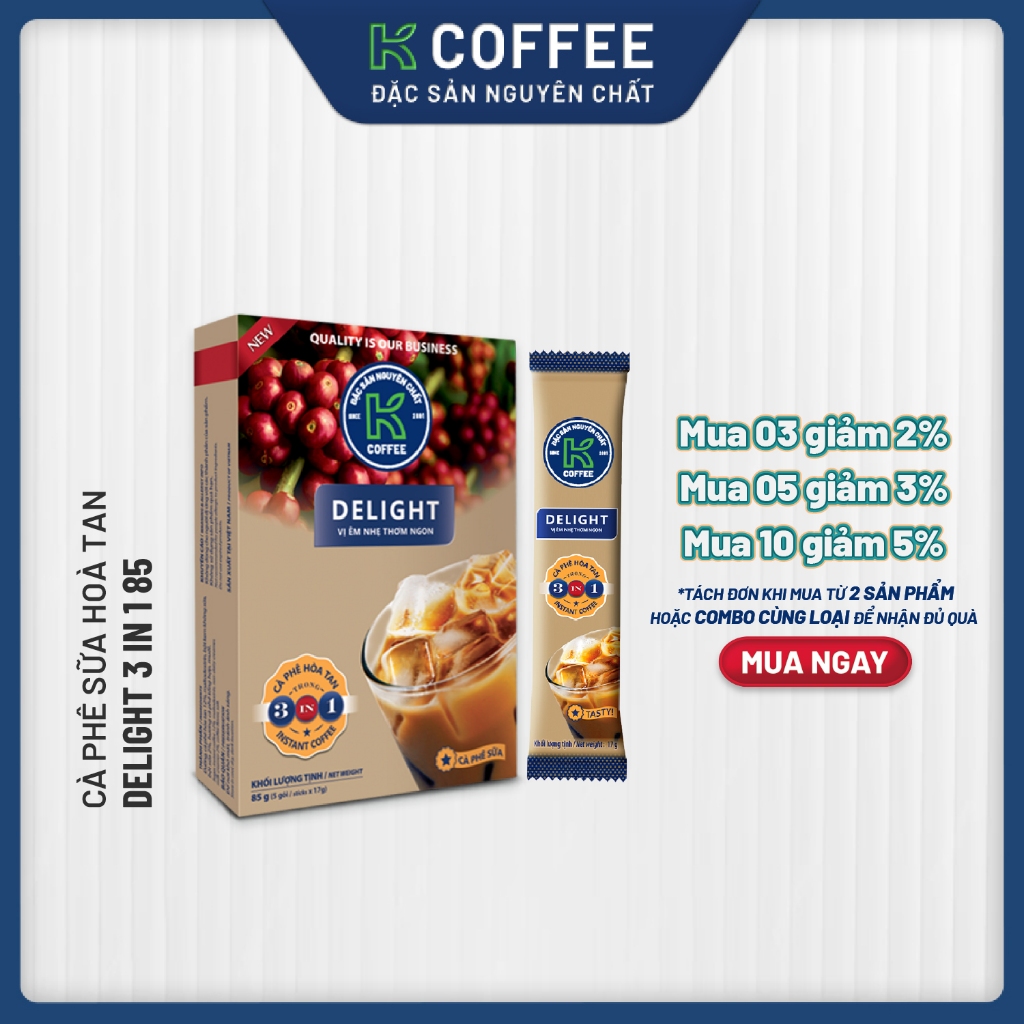 Cà phê sữa hòa tan K Coffee Delight 3in1 85g Hộp 5 gói
