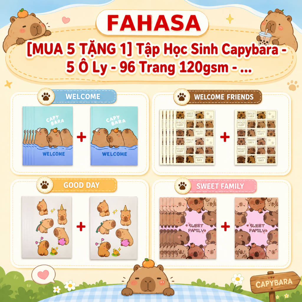 [MUA 5 TẶNG 1] Tập Học Sinh Capybara - 5 Ô Ly - 96 Trang 120gsm - The Sun 01/The Sun 02/The Sun 03/T