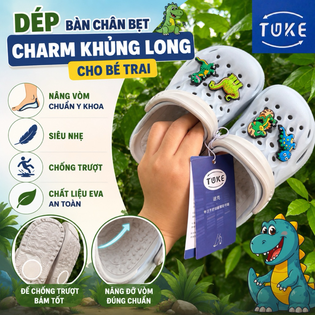 Dép bàn chân bẹt charm khủng long, dép bàn chân bẹt cho bé trai ( mẫu mới 2026 )