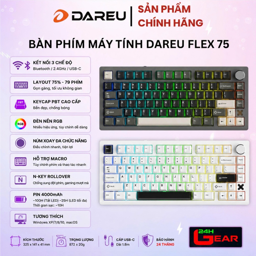 Bàn phím cơ Dareu Flex 75 Black Grey / White Black ( 3Mode / Pin sạc 4000mAh) Chính Hãng