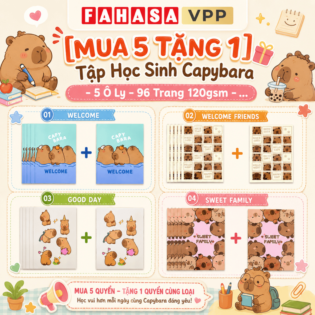 [MUA 5 TẶNG 1] Tập Học Sinh Capybara - 5 Ô Ly - 96 Trang 120gsm - The Sun 01/The Sun 02/The Sun 03/T
