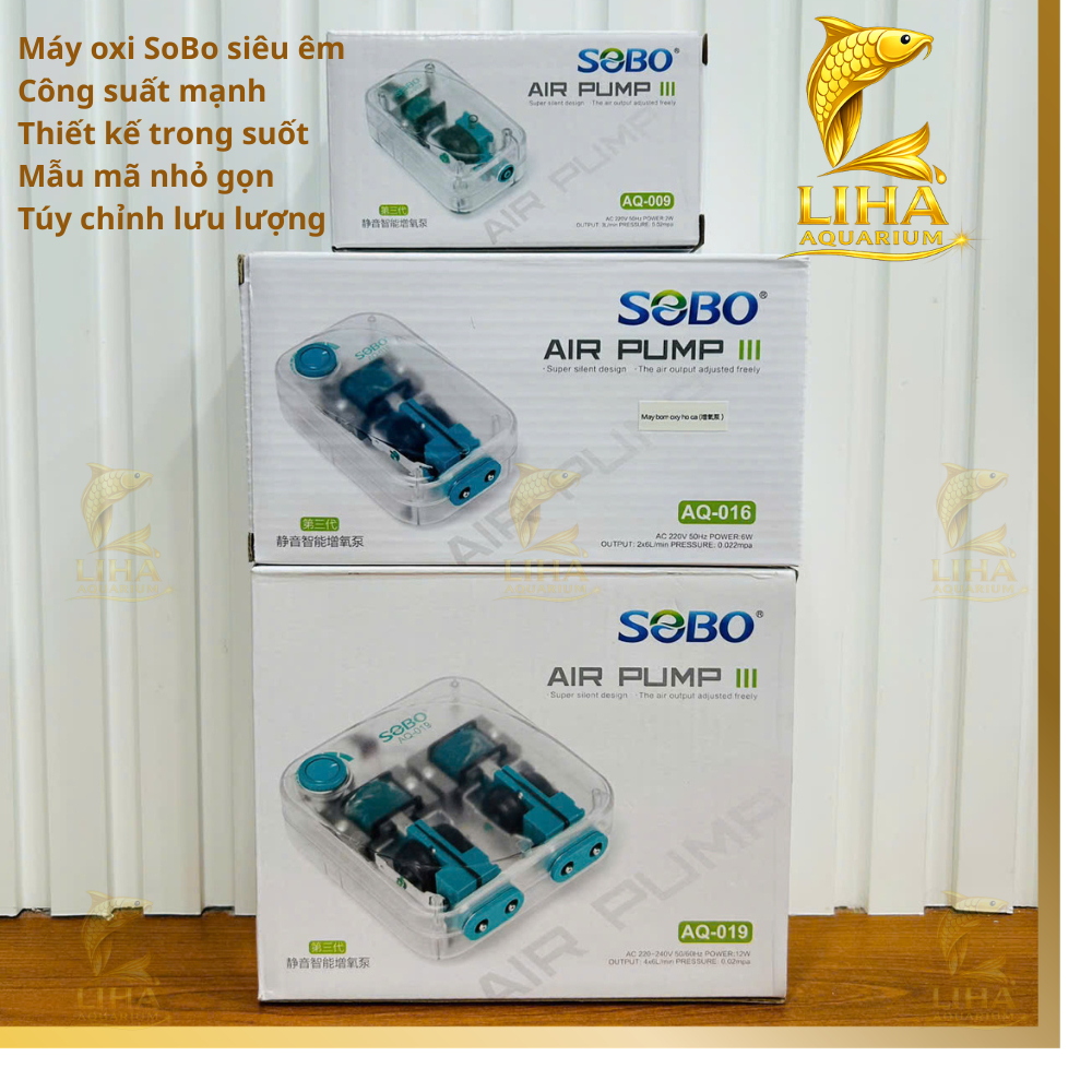Máy Sủi Oxy Siêu Êm Trong Suốt Sobo AQ-009 / AQ-013 / AQ-016 / AQ-019 Dùng Cho Hồ Cá