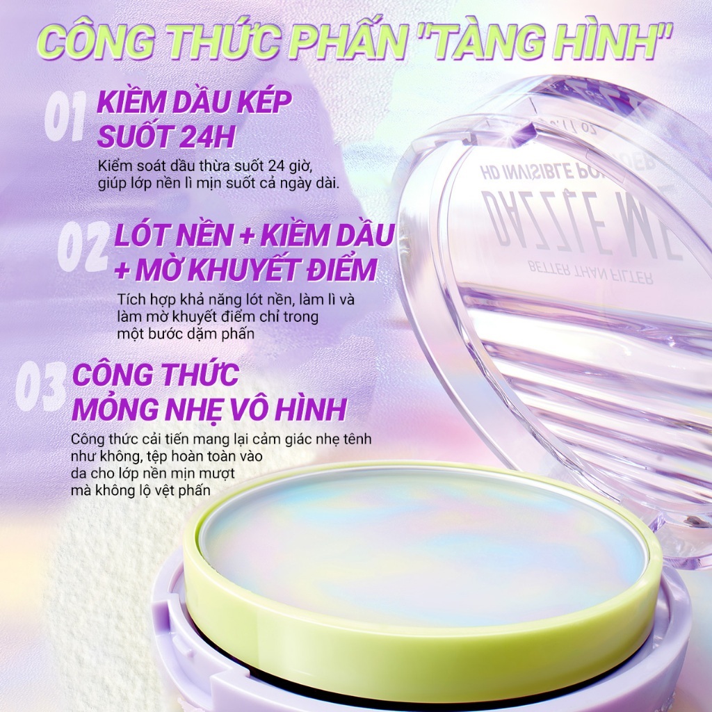 [VHL x DAZZLE ME] COMBO Phấn phủ kiềm dầu HD Dazzle Me Better Than Filter HD Invisible Powder 5g+Set
