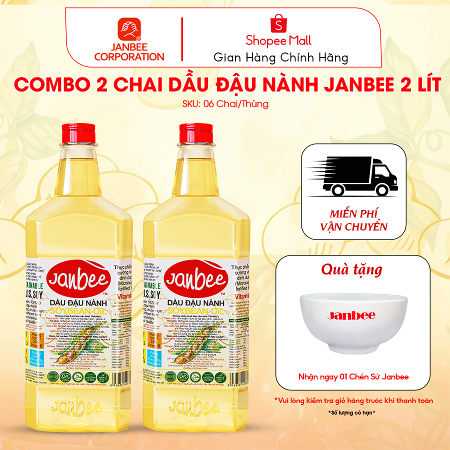 Dầu Đậu Nành Janbee - Combo 2 chai 2 Lít - Nguyên Chất 100%, Không Trans Fat
