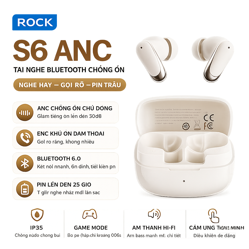 Tai nghe Bluetooth nhét tai Rockspace S6 ANC Chống ồn chủ động Bluetooth 6.0 Pin 25 giờ | BigBuy360 - bigbuy360.vn