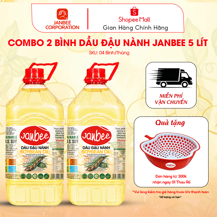 Dầu Đậu Nành Janbee -  Combo 2 Bình 5 Lít  – Nguyên Chất 100%, Không Trans Fat