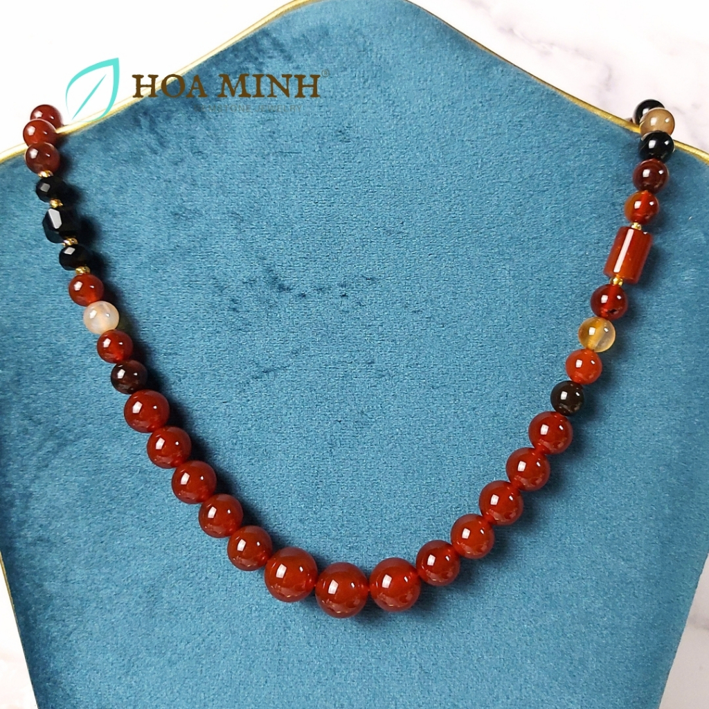 Dây chuyền chuỗi cổ đá Mã Não size 8-12 li phối lu thống mã não, mã não đen cắt giác, bánh xe mã não