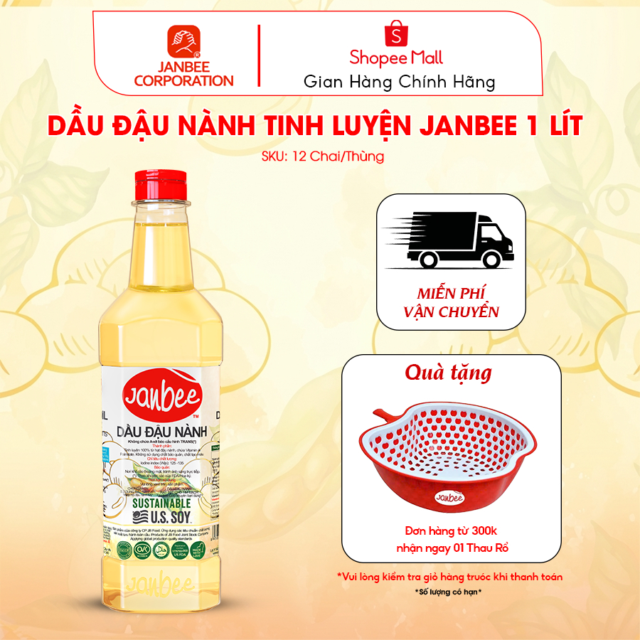 Dầu Đậu Nành Janbee Chai 1 Lít Nguyên Chất 100%, Không Trans Fat