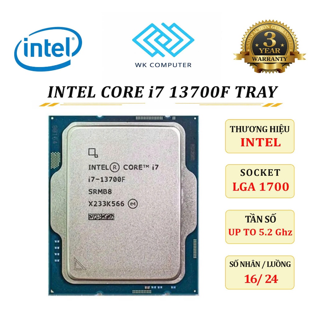 (FULL VAT) Vi Xử Lý CPU Intel Core i7 13700F | LGA 1700, Turbo 5.2GHz, 16 nhân 24 luồng | Mới, BH 36