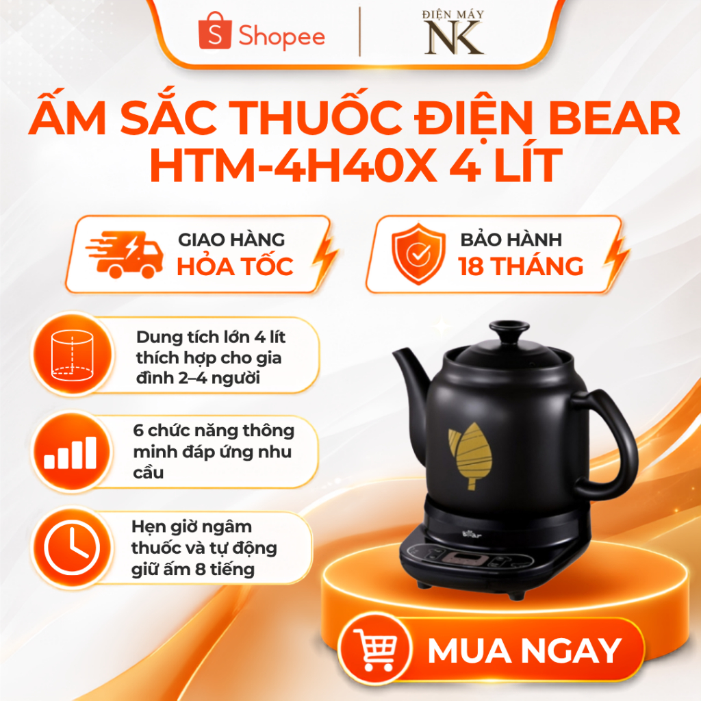 Ấm Sắc Thuốc Điện | Ấm Sắc Thuốc Bắc Gốm Sứ Bear HTM-4H40X 4 Lít - Bảo Hành 18 Tháng