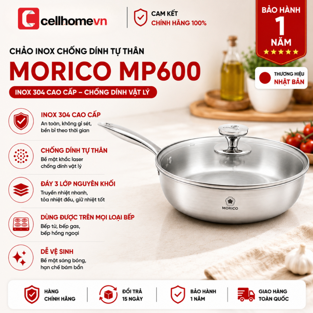 [Xuất VAT] Chảo Inox Tự Chống Dính Morico MP600 24cm | Inox 304 | Truyền Nhiệt Nhanh | Tương Thích M