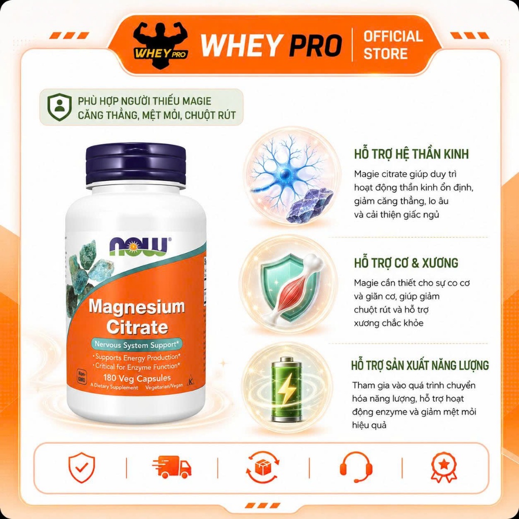 NOW Magnesium Citrate 180 Capsules Quy Cách Lớn