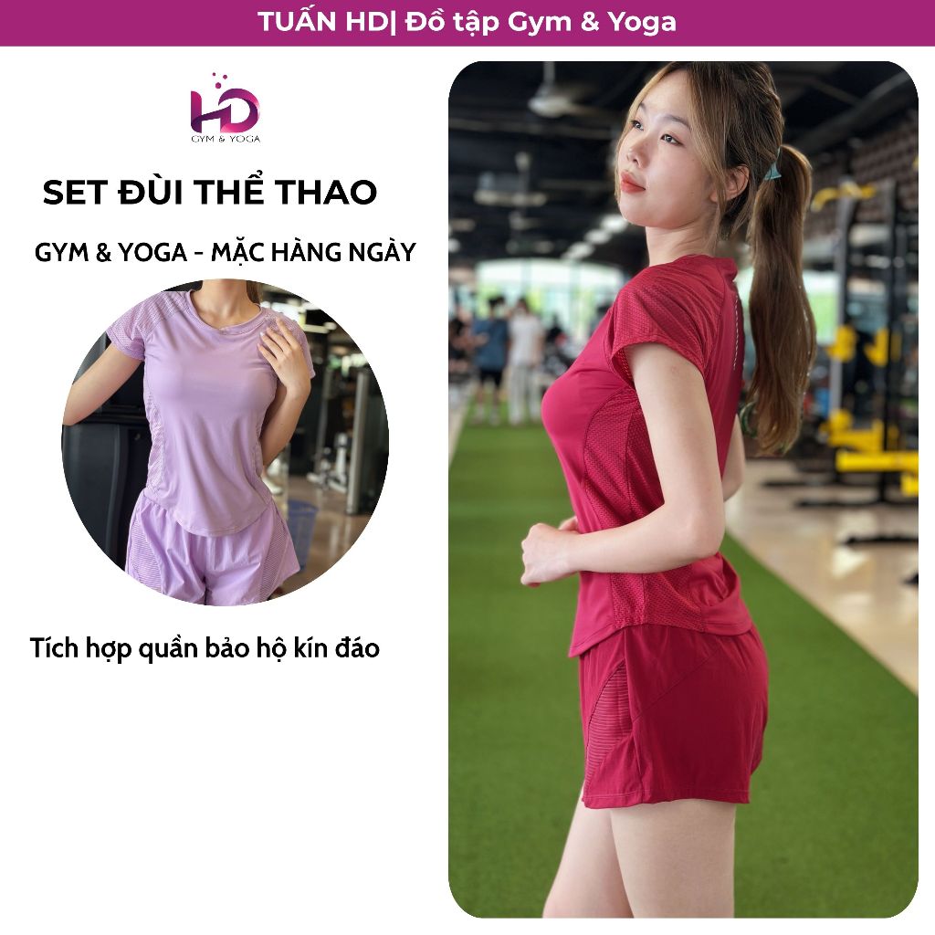 Set Bộ Đồ Tập Gym Yoga Nữ - Áo Thun Phối Lưới Kèm Quần Đùi 2 Lớp Chơi Pickleball, Chạy Bộ [Mã HD01]