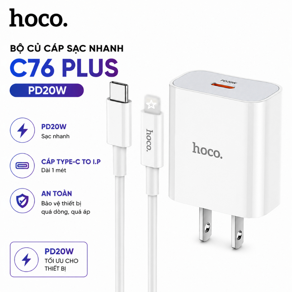 Bộ Củ Cáp Sạc Nhanh PD20W Hoco C76 Plus 3A Kèm Cáp Type-C To I.P 1M Tương Thích IP 6/7/8/X/11/12/13/14/Pro/Max