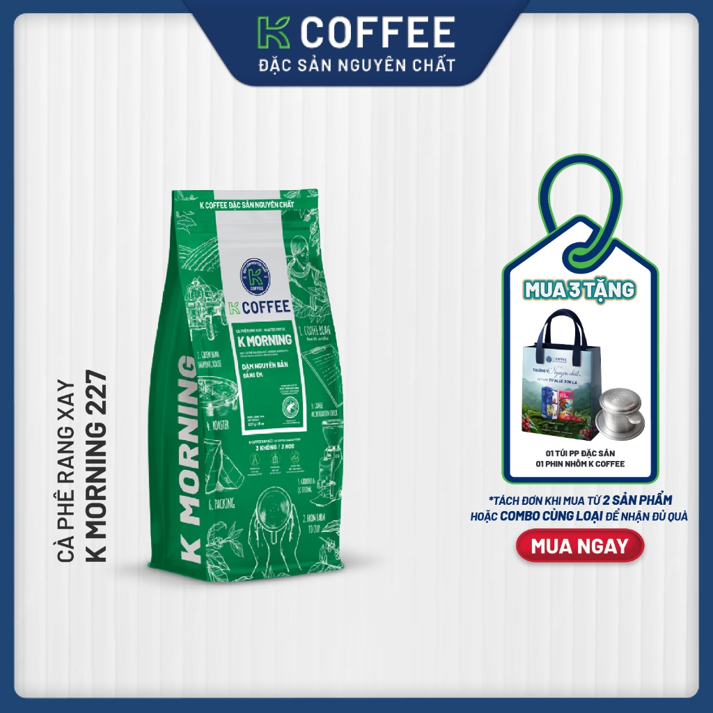 [Combo 3] Cà phê Rang xay Đặc sản Nguyên chất Pha phin K Coffee K Morning 227g (cà phê phin, cà phê 