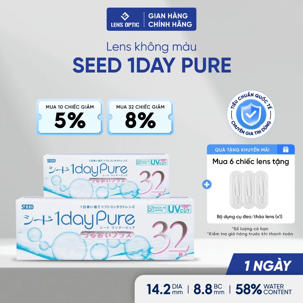 Kính áp tròng 1 ngày SEED 1 Day Pure lens trong suốt có độ cận dành cho mắt nhạy cảm Lens Optic