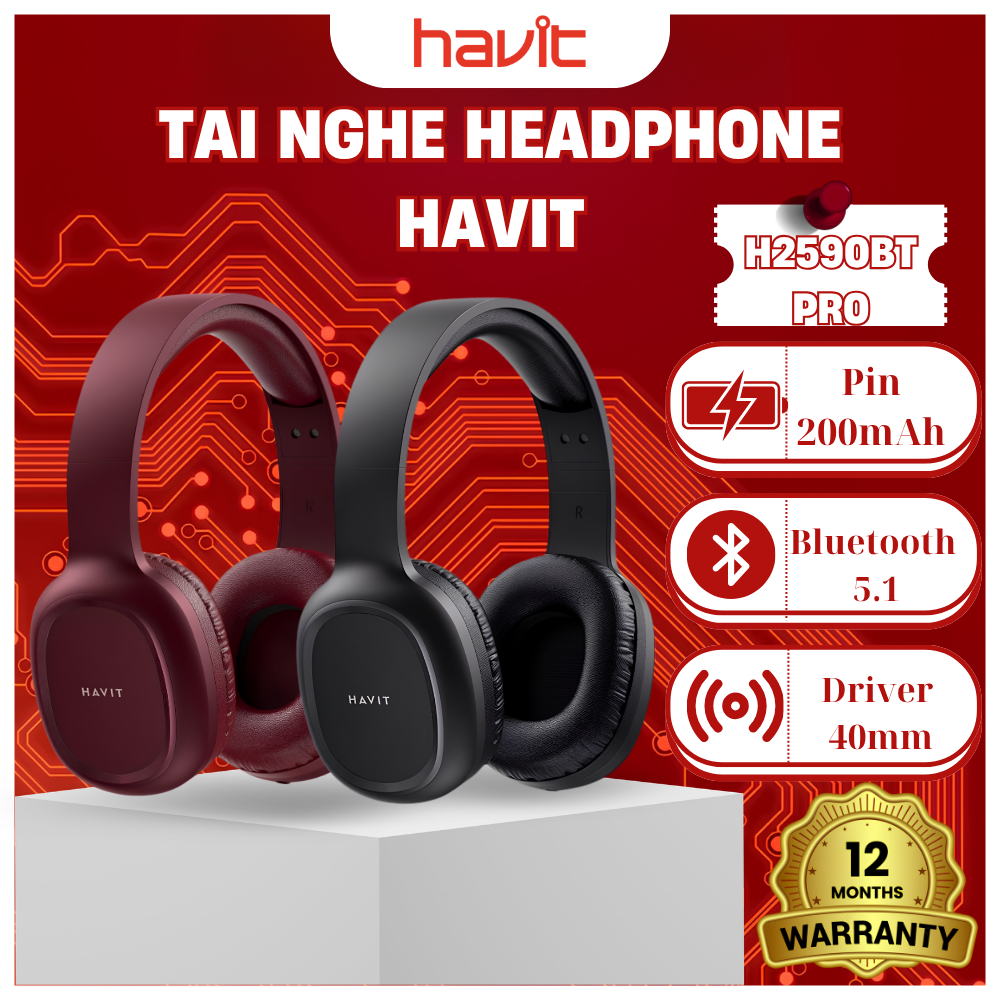 Tai nghe Bluetooth chụp tai Havit H2590BT Pro, Pin đến 4H, Khe cắm thẻ TF, Kết nối nhiều thiết bị