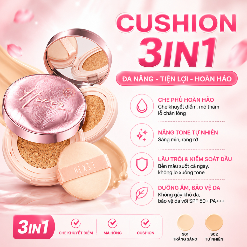 Cushion đa năng HEXZE 3in1 chống nắng SPF50+,PA++++ Che Khuyết Điểm, Má Hồng
