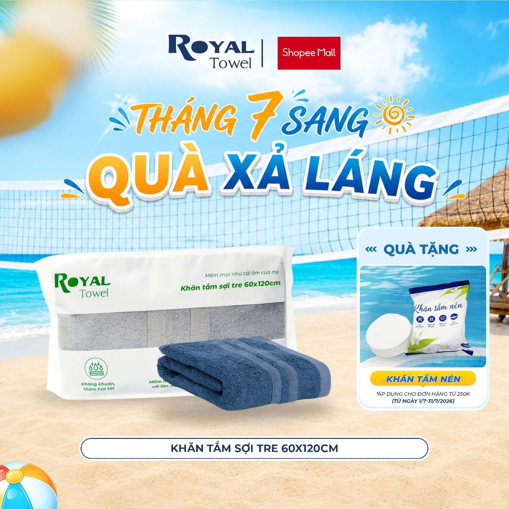 Khăn Tắm Royal Towel 60x120cm Sợi Tre Bamboo, Mềm Mịn, Thấm Hút Tốt, Không Xổ Lông, Không Phai Màu, 