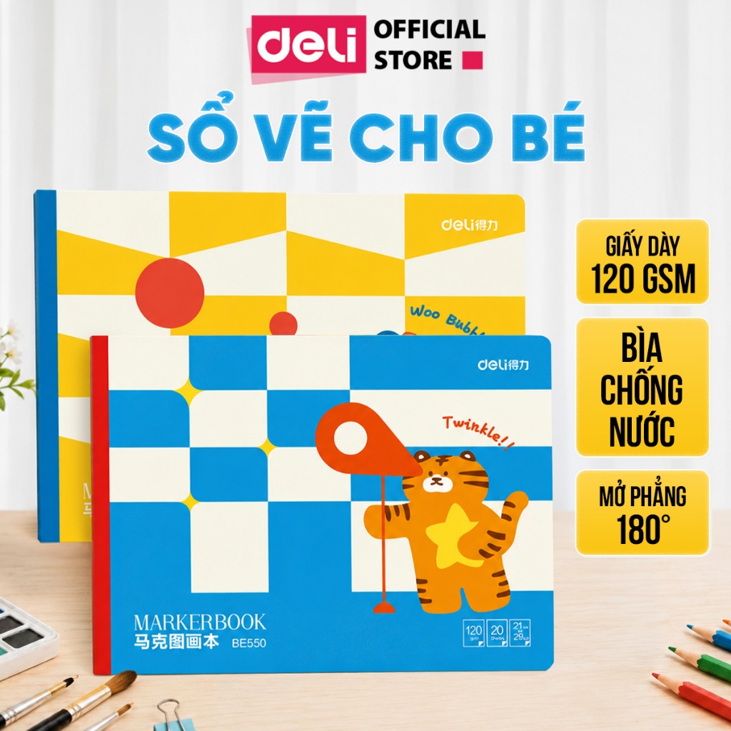 Sổ Vẽ Deli Marker Book BE550 Giấy Dày 120GSM Khổ A4 Mở Phẳng 180° Bìa Chống Nước Dành Cho Bé Học Vẽ 