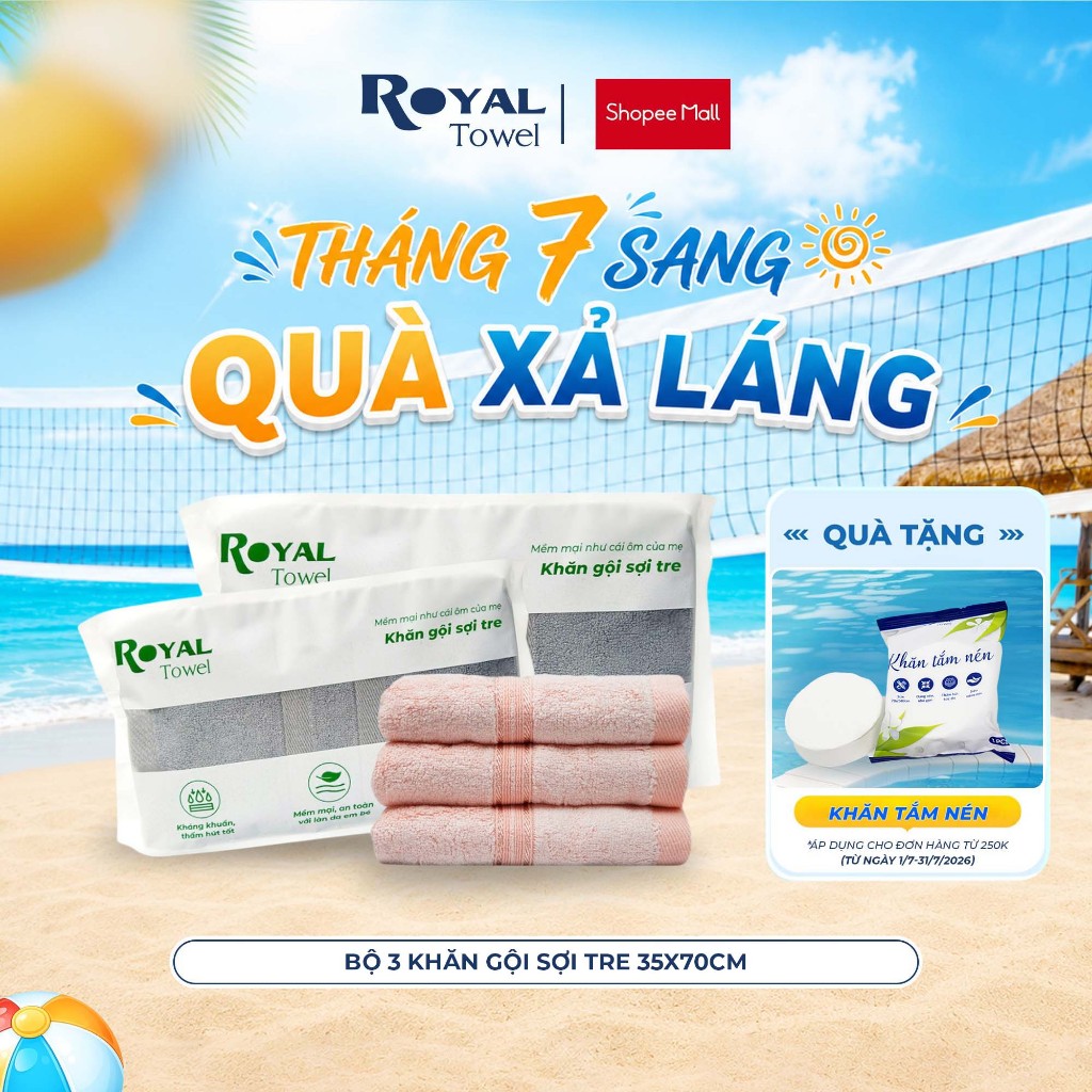 Bộ 3 Khăn Gội Royal Towel 35x70cm Sợi Tre Bamboo, Mềm Mịn, Thấm Hút Tốt, Không Xổ Lông, Không Phai M