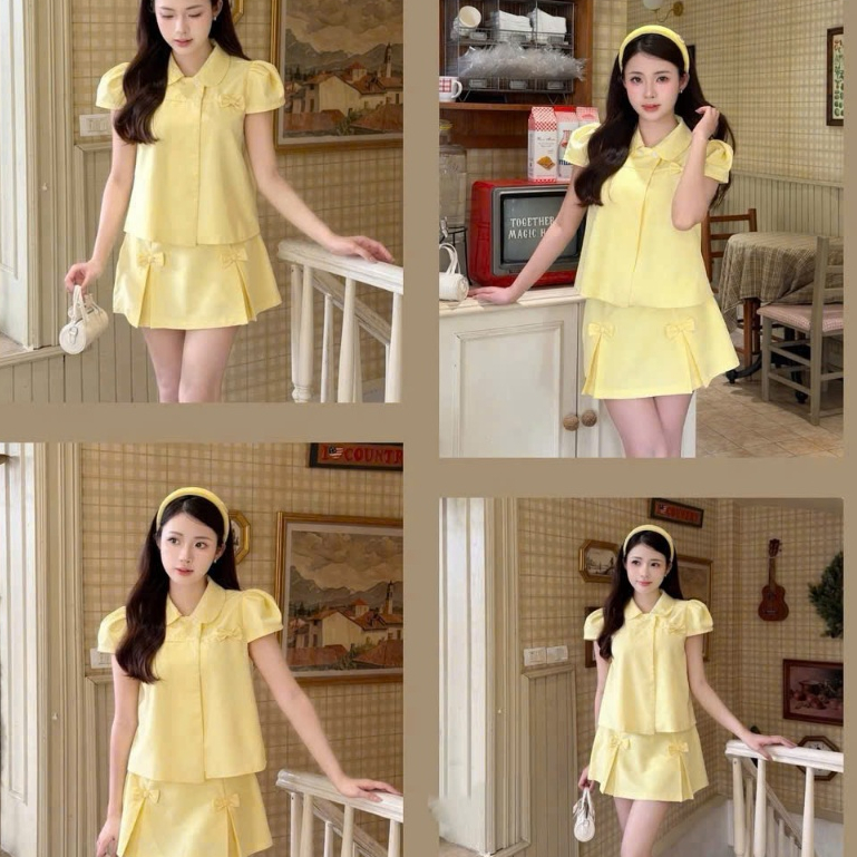 Set váy ngắn - Set váy thời tràn ngọt ngào, đáng iu cho nàng hẹn hò, set vàng kaki rubi sơ mi tay co