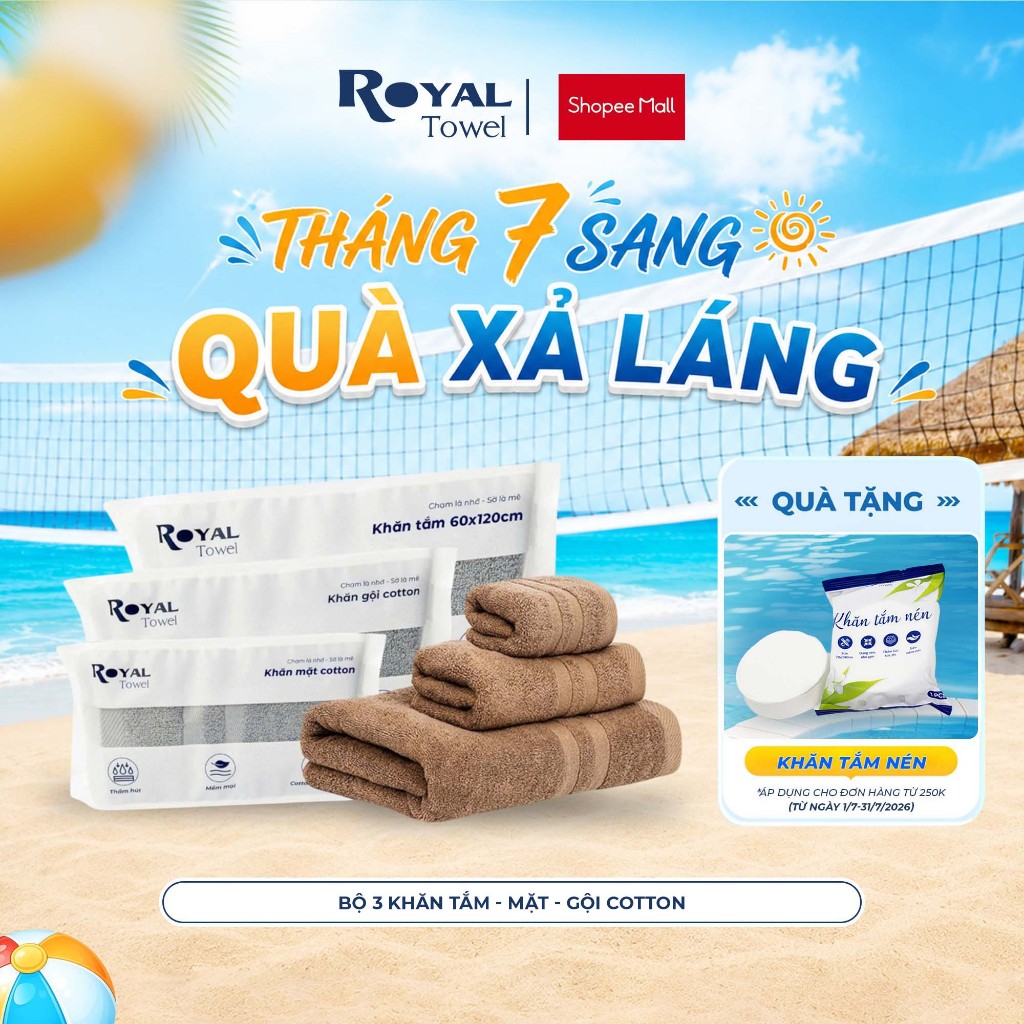 Bộ 3 Khăn Mặt Khăn Gội Khăn Tắm Royal Towel Sợi Cotton Mềm Mịn, Thấm Hút Tốt, Không Xổ Lông, Không P
