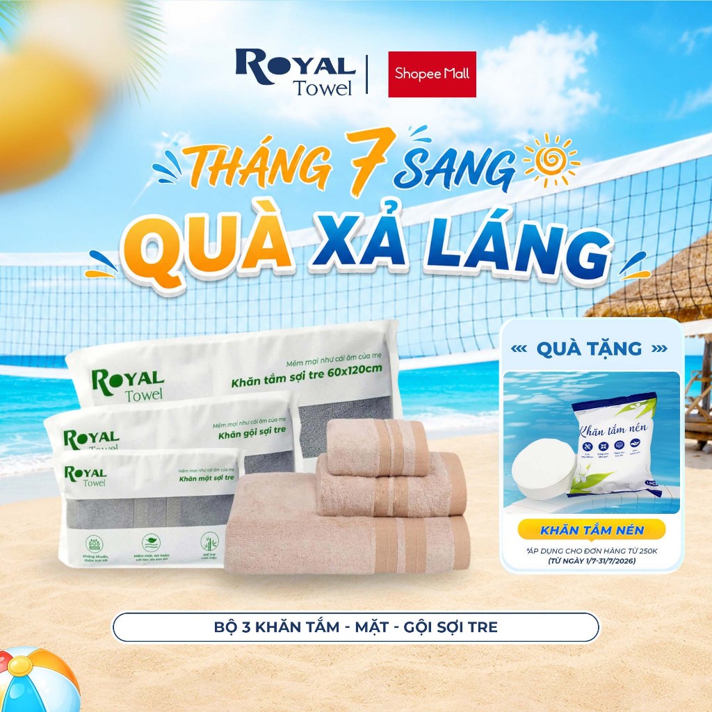Bộ 3 Khăn Mặt, Gội, Tắm Royal Towel Sợi Tre Bamboo, Mềm Mịn, Thấm Hút Tốt, Không Xổ Lông, Không Phai