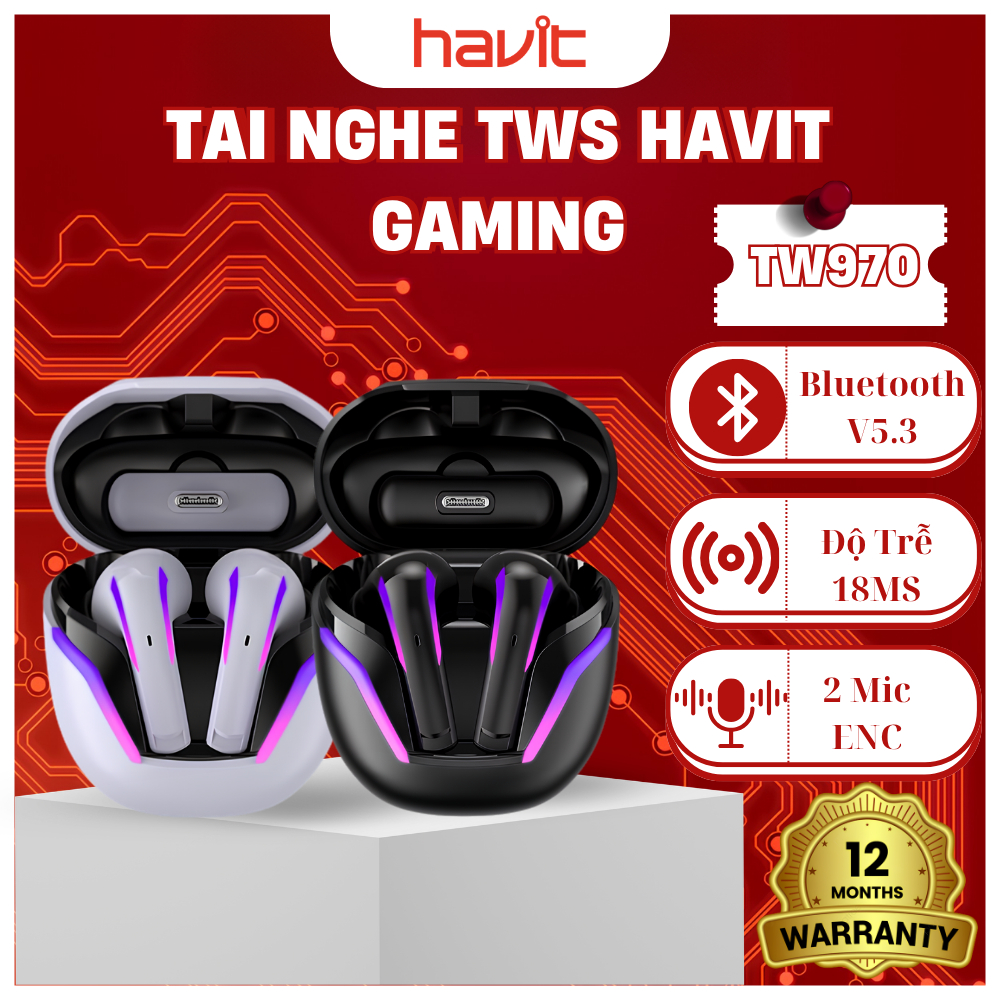 Tai nghe Bluetooth TWS HAVIT TW970 BT 5.3, Dongle Mode Độ trễ  18ms ,Khử ồn ENC 2 mic + Đèn RGB , Pi