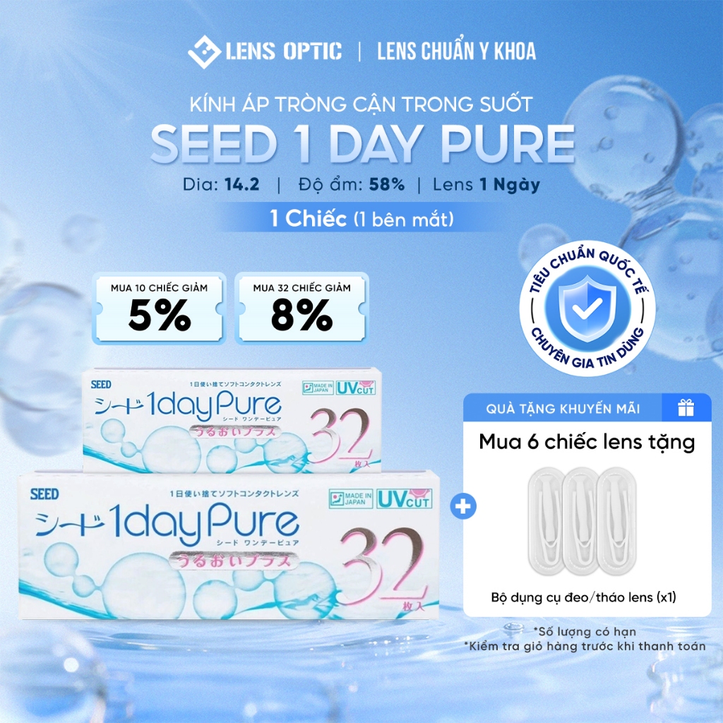 Kính Áp Tròng Cận Thị Lens Optic Trong Suốt 1 Ngày SEED Pure Chuẩn Y Tế, Siêu Mỏng Nhẹ Chống Tia UV Có Độ