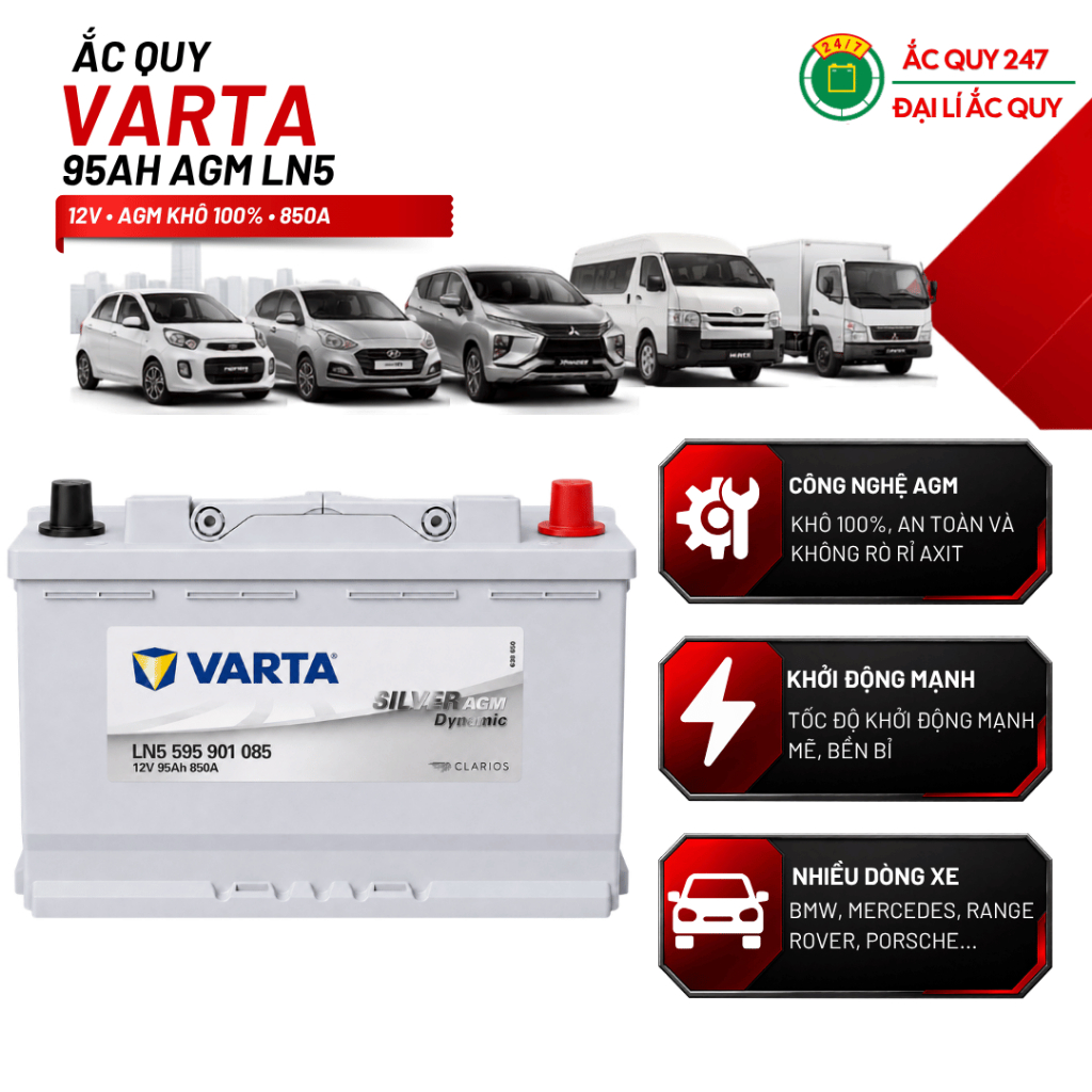 Ắc quy Varta AGM 95Ah LN5 595901085 Silver Dynamic 850A cho BMW Mercedes Range Rover