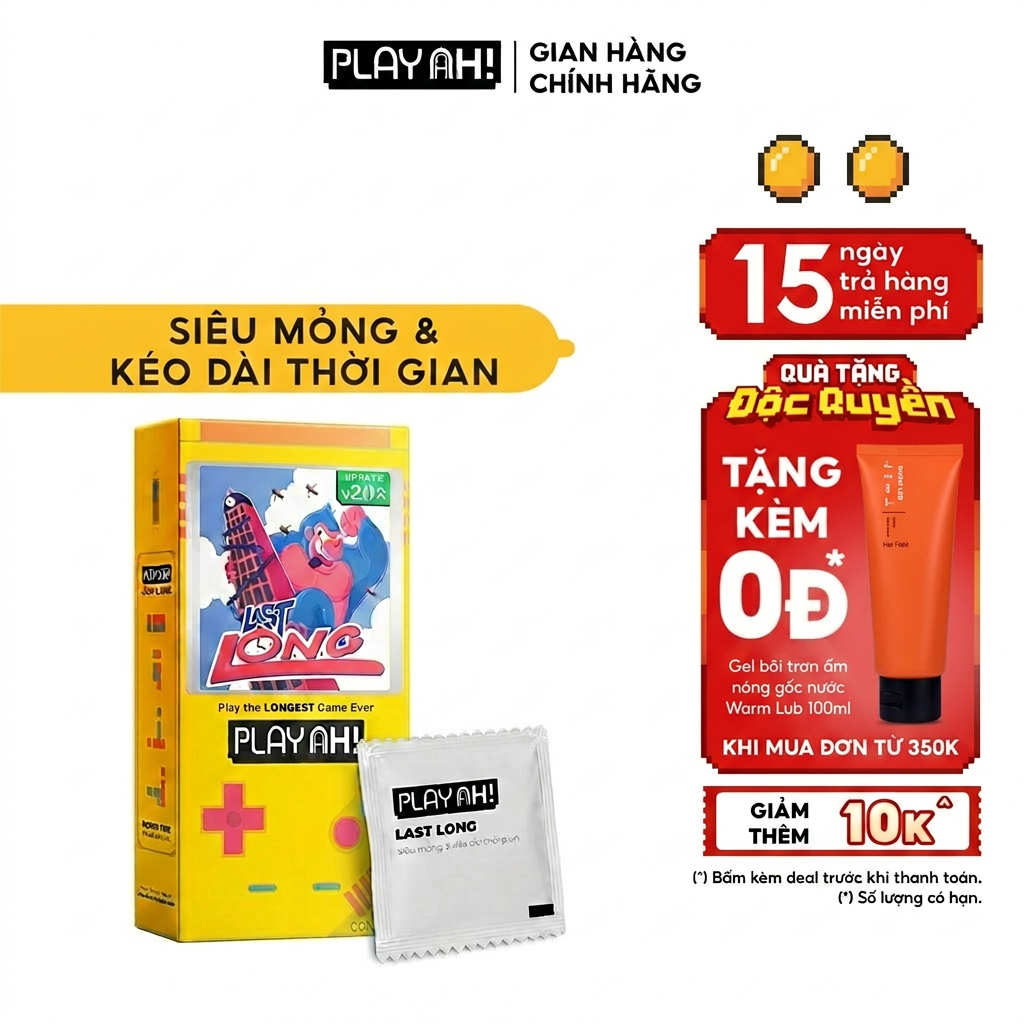 Bao Cao Su PlayAh Last Long Siêu Mỏng Kéo Dài Quan Hệ Thời Gian Hộp 3/Hộp 10 size 52mm