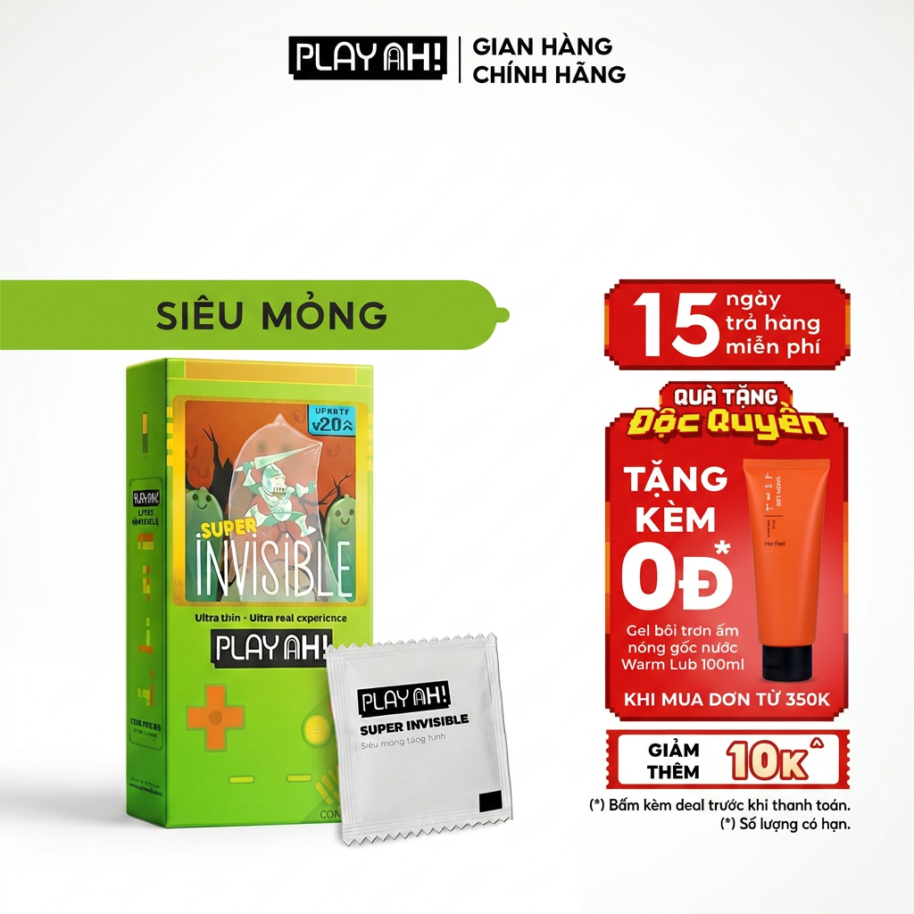 Bao Cao Su PlayAh Super Invisible Siêu Mỏng Hộp 3/10 size 52mm, nhiều gel, truyền nhiệt