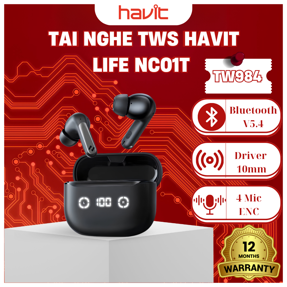 Tai Nghe TWS HAVIT LIFE NC01T TW984 - Bluetooth 5.4, ANC + ENC, Pin 24H, Dock 420mAh, Sạc Type-C