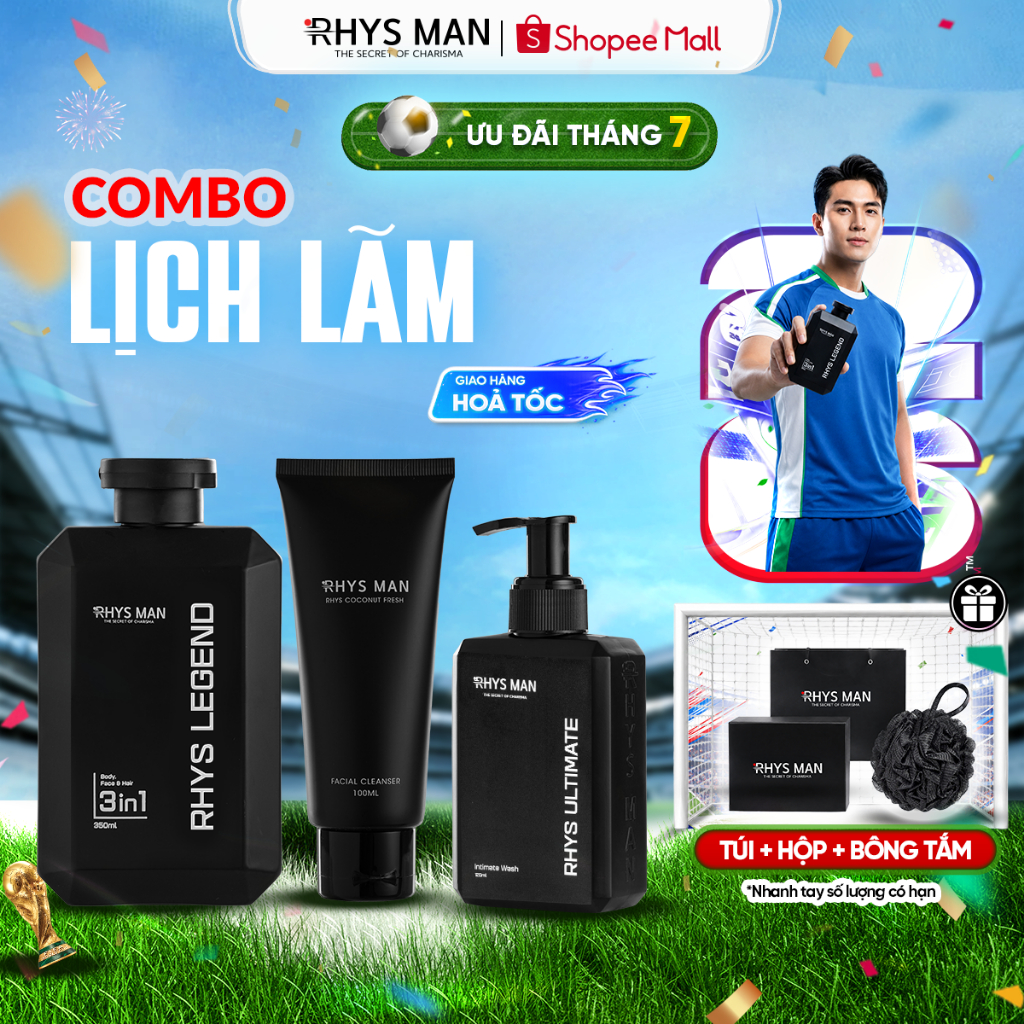 Combo Sữa tắm gội nam 3in1 350ml & Sữa rửa mặt nam 100ml & Dung dịch vệ sinh nam 120ml Rhys Man - Co