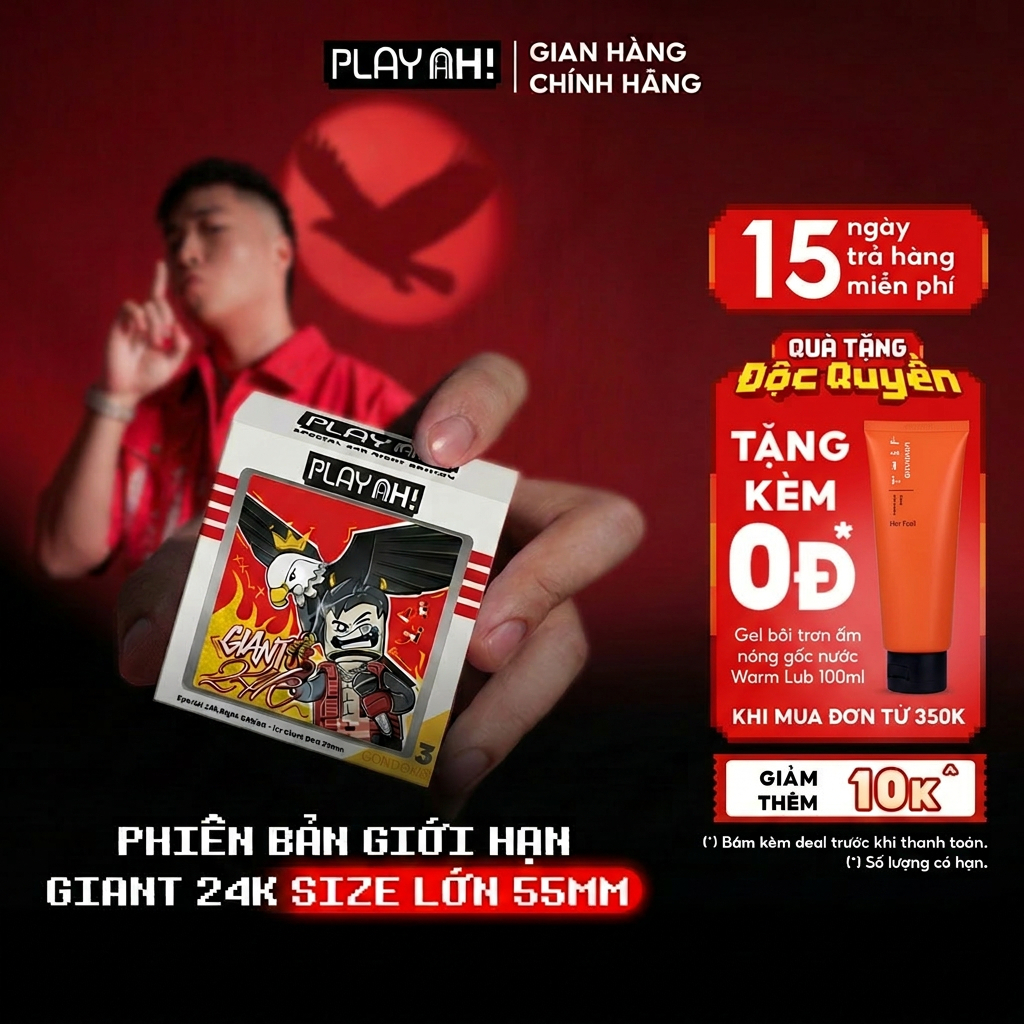 Bao cao su size to PlayAh! Siêu Mỏng 55mm Giant Invisible 24K.Right - Hộp 3/10 Cái