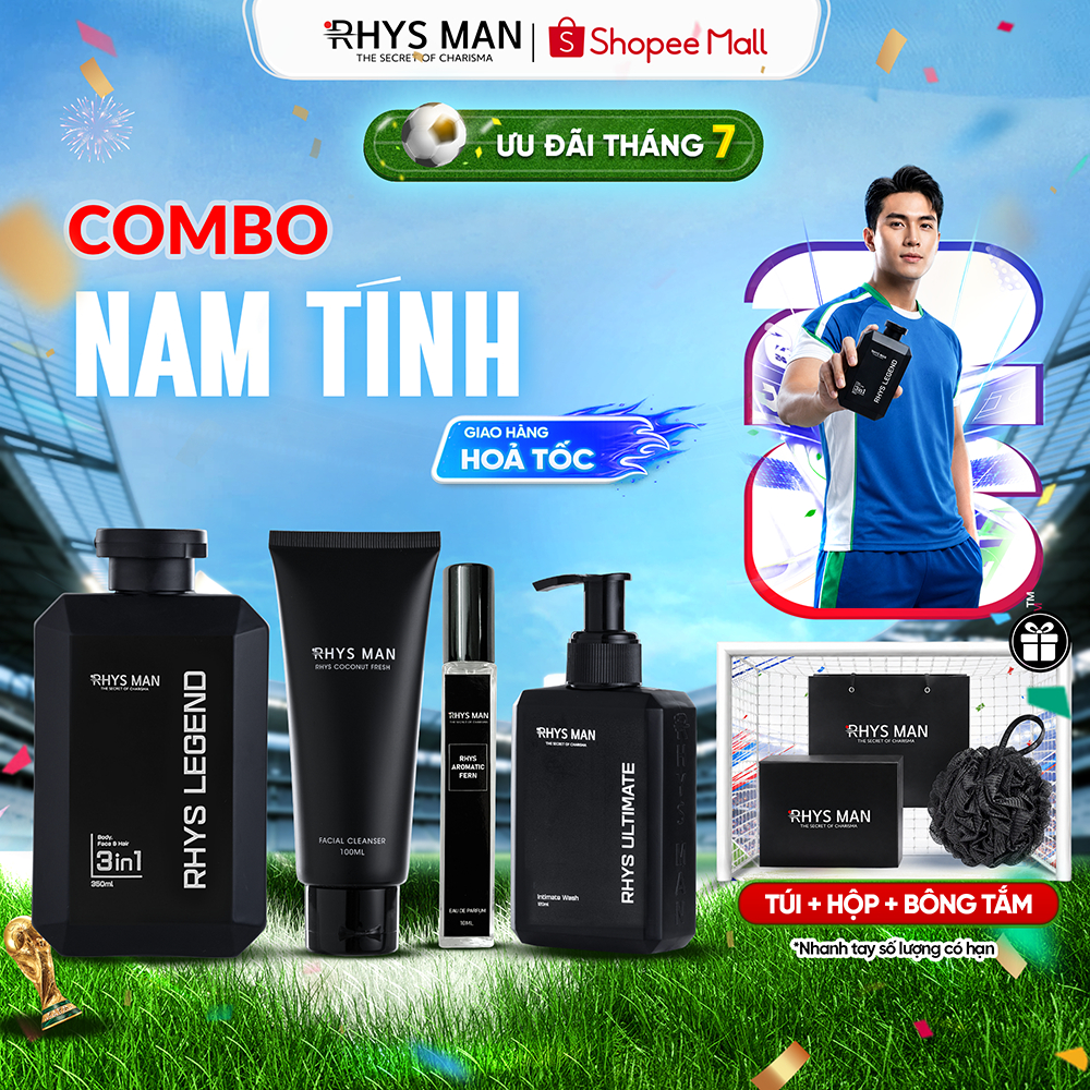 Combo Sữa tắm gội nam 3in1 350ml & Sữa rửa mặt 100ml & Dung dịch vệ sinh 120ml & Nước hoa 10ml Rhys 