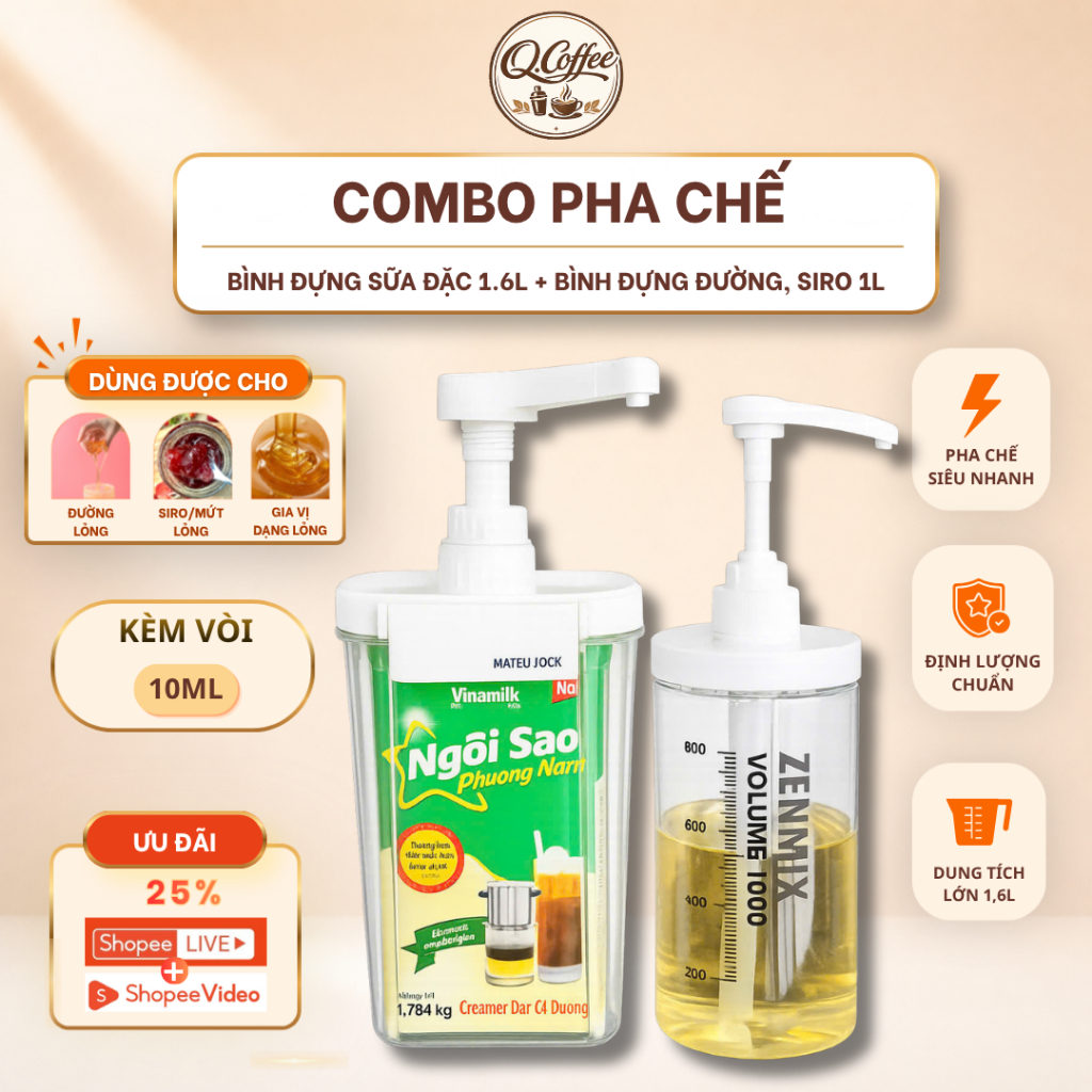 Bình Đựng Sữa Đặc + Bình Đường, Siro 1L, Pha Chế Tiện Lợi Có Vòi Pump 10ML…