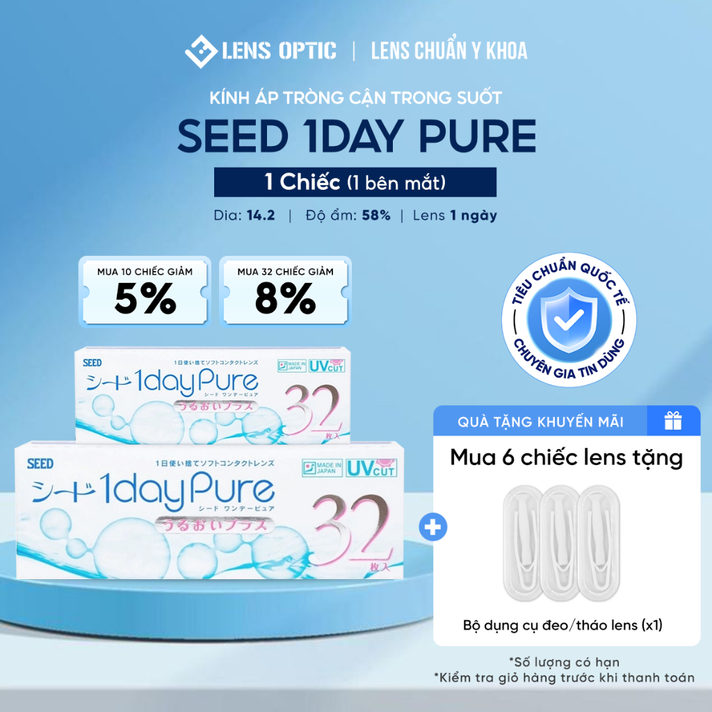 Kính Áp Tròng LENS OPTIC Không Màu SEED Pure 1 Ngày Chuẩn Y Tế Chống Tia UV Có Độ Cận