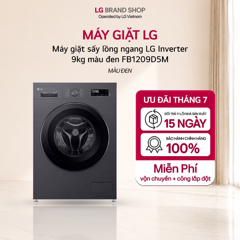 [Chỉ giao miền Nam] Máy giặt sấy lồng ngang LG Inverter 9kg màu đen FB1209D5M