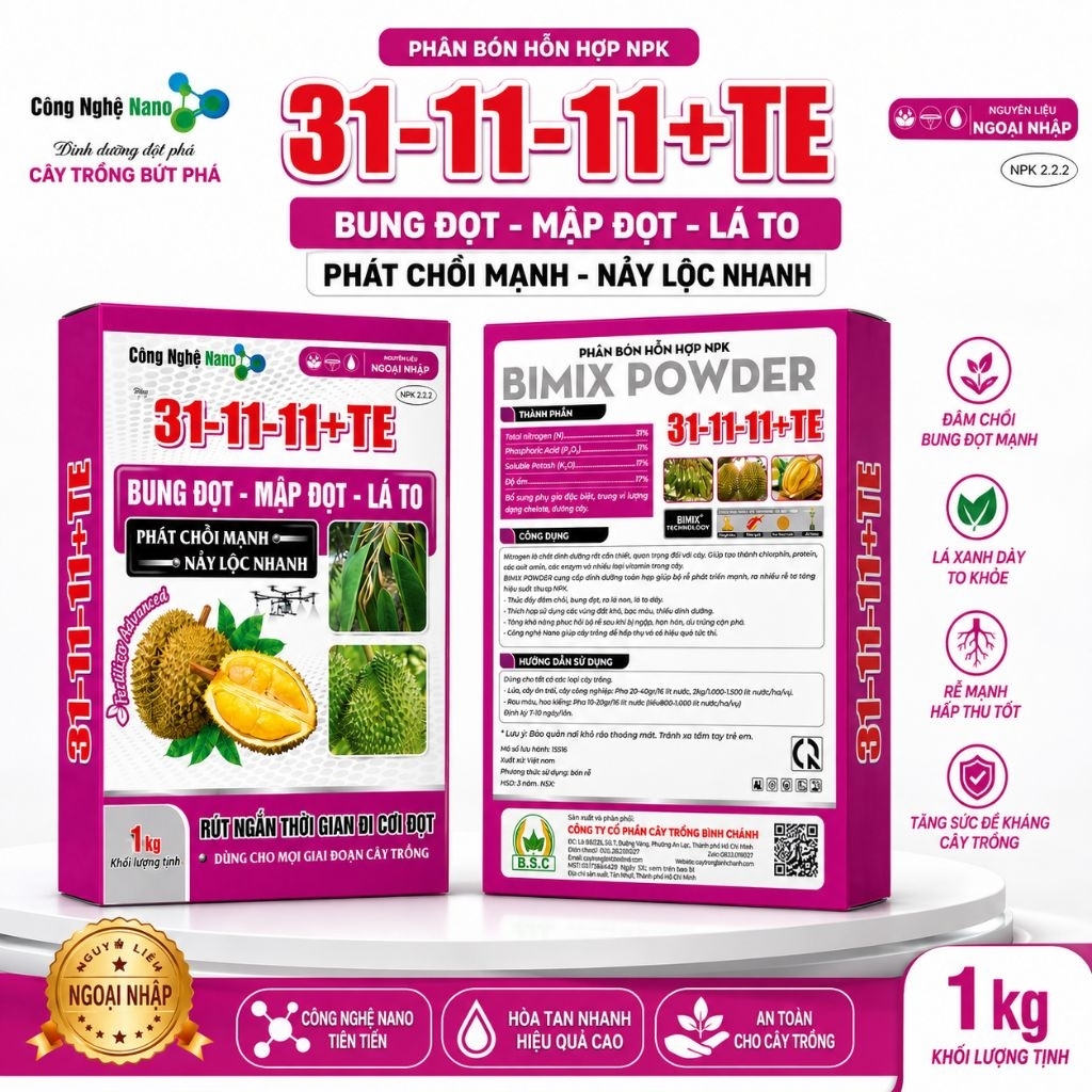 Hộp 31-11-11+TE 1kg | NPK Bung Đọt, Mập Đọt, Lá To, Phát Chồi Mạnh Cho Sầu Riêng, Cây Ăn Trái Rau Mà