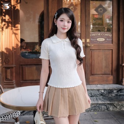 Áo len mongtoghi nữ ngắn tay Twentyfive dáng ôm, phối cổ và tay bèo nữ tính 7247
