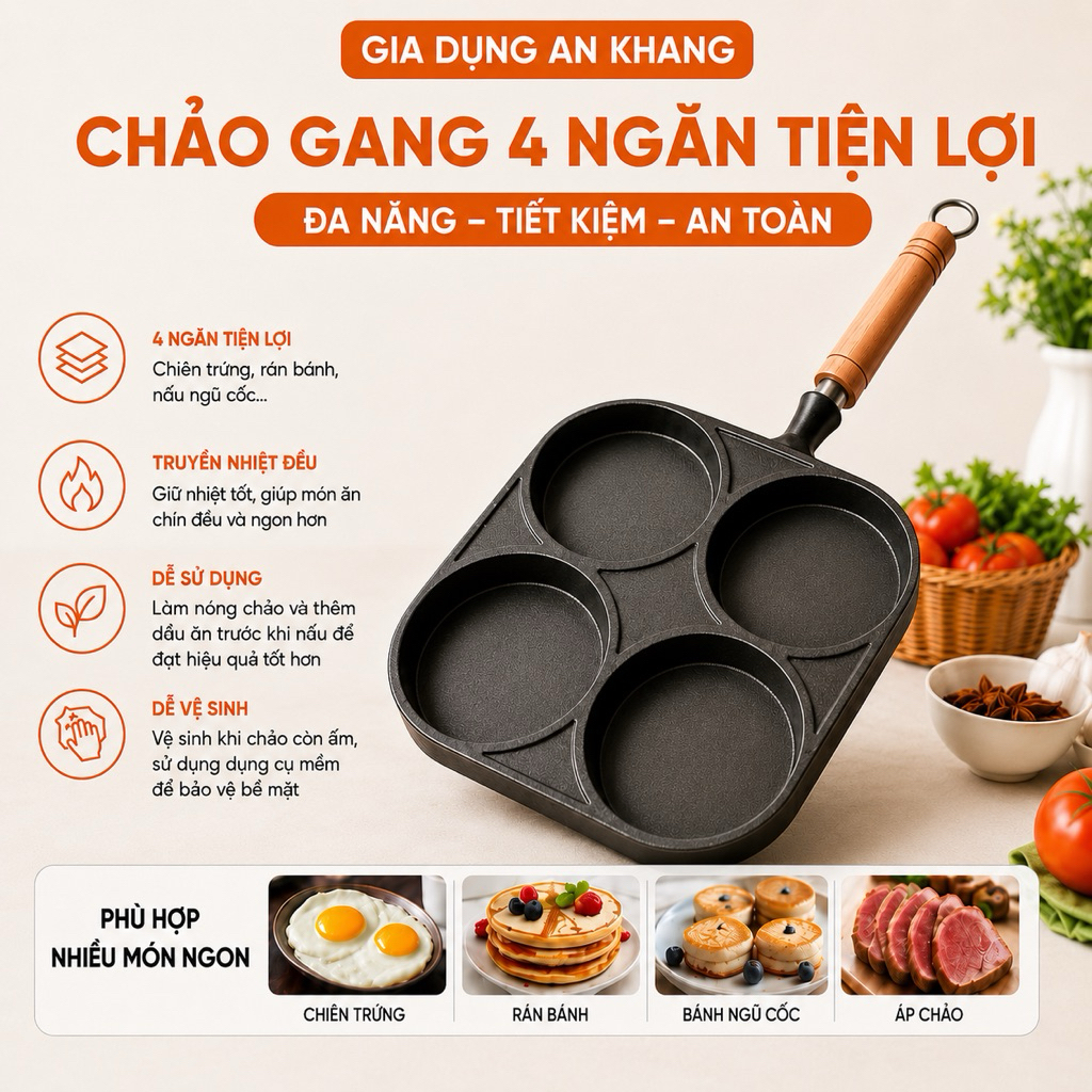Chảo Gang 4 Ngăn Cao Cấp Tay Cầm Gỗ Chiên Trứng Rán Bánh Đa Năng