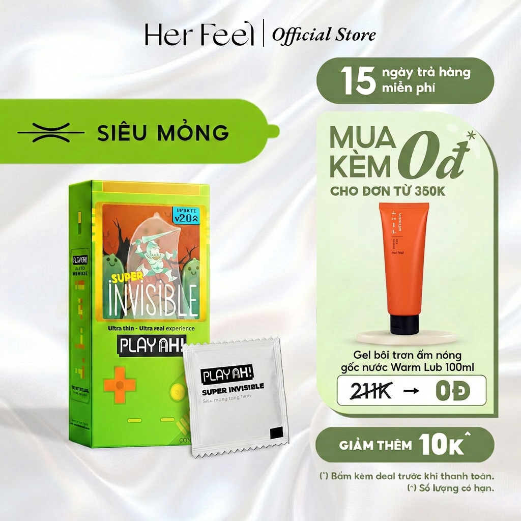 Bao Cao Su PlayAh Super Invisible Siêu Mỏng/ Nhiều Gel/ Kéo Dài Thời Gian/ Có Gai Hộp 10 size 52mm