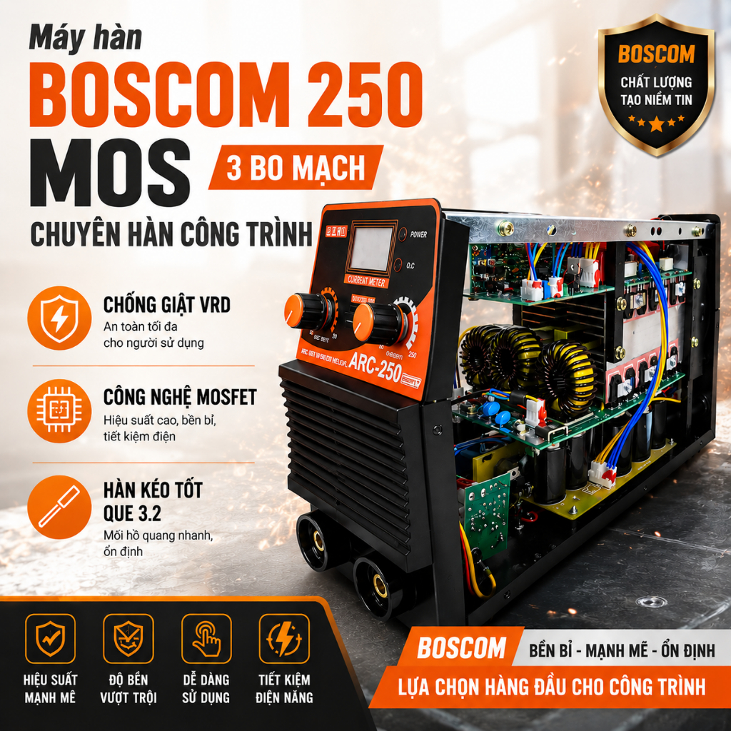 máy hàn điện tử 250 BOSCOM MOS máy 3 bo mạch chuyên hàn công trình