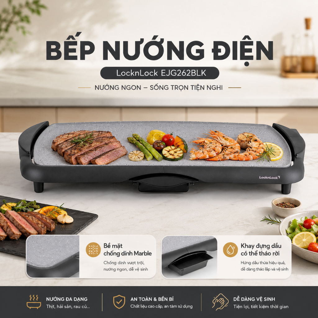 Bếp nướng điện LocknLock EJG262BLK mặt bếp rộng, nướng nhanh, chín đều Bảo hành chính hãng 24 tháng
