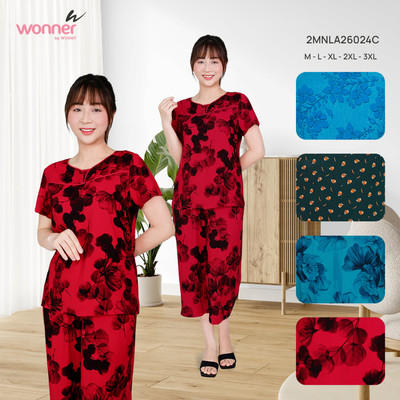 Bộ mặc nhà Wonner by WINNY tole lanh, Set bộ nữ tôn lanh nhẹ mát tay ngắn quần culottes lửng ống rộng 2MNLA26024C